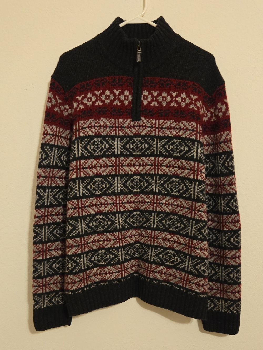 Nautica Black and Burgundy Lambswool Fair Isle Quarter-Zip Sweater - Large